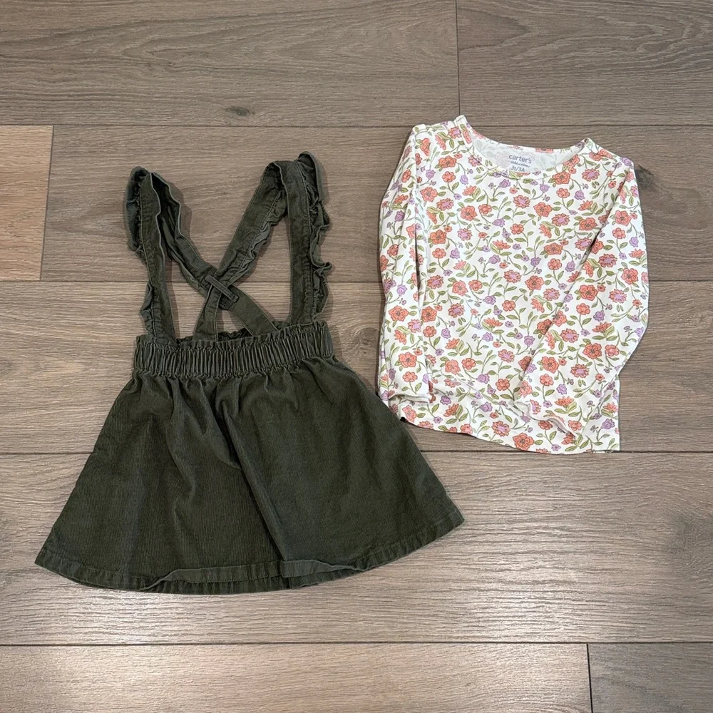 CARTERS Olive Green Corduroy Pink Purple‎ Floral Long Sleeve Girls Dress Size 3T